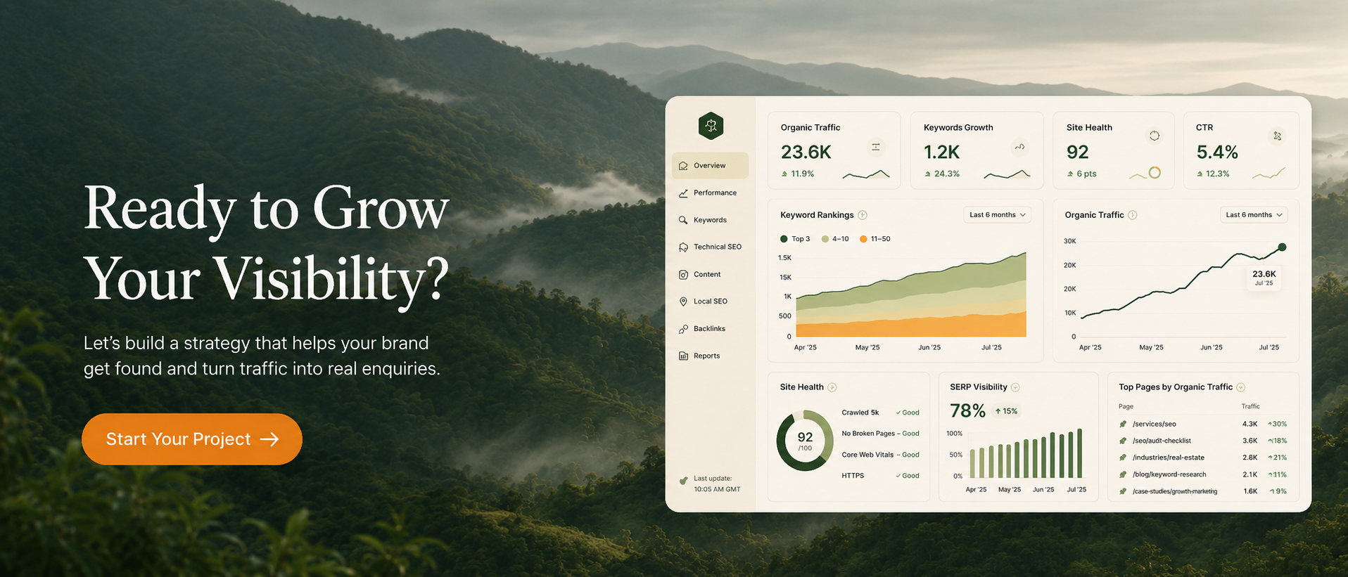 SEO visibility dashboard over a forest landscape